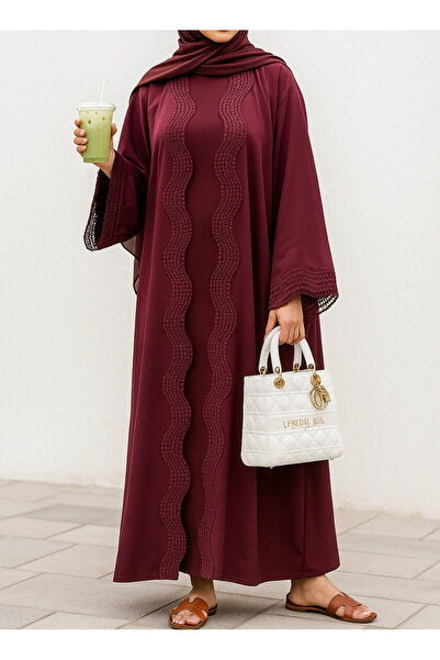 MayaCloset Premium Long Red Nidah Cap Ferace Abaya with Elegant Lace Trim