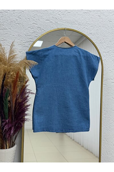 MİHRA STORE Callan Side-Tied Button Detailed Denim Vest-As874 Blue