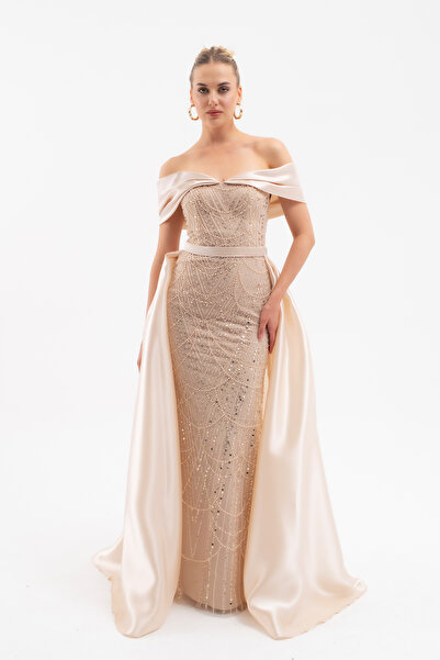 Lafaba Women's Beige Boat Neck Long Evening Dress with Tail