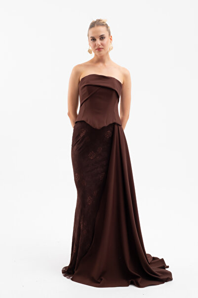 Lafaba Women's Brown Strapless Neckline Lace Detail Long Evening Dress