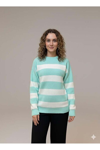 Afri Pulover de tricotat pentru femei, cu dungi albastre și albe, cu textura ...