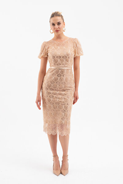 Lafaba Women's Beige Beaded Midi Evening Dress