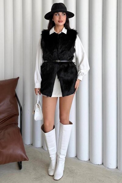 VAGGON Crew Neck Belted Plush Vest