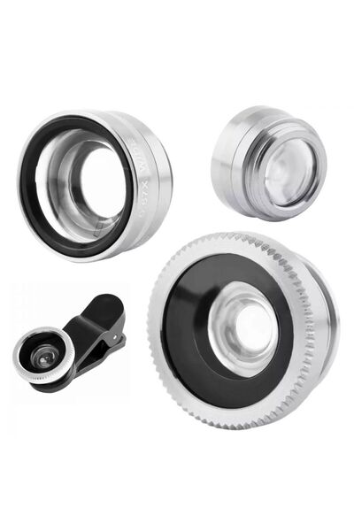 zola 3 in 1 lens set for phone/tablet: Fisheye, Macro, Wide Angle, with caps and case, silver