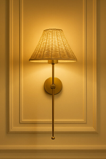 burenze Bambu Hasır Şapkalı Aplik Metal Gövde Eskitme Gold ELEKTRİK İLE ÇALIŞIR E-27 Duy