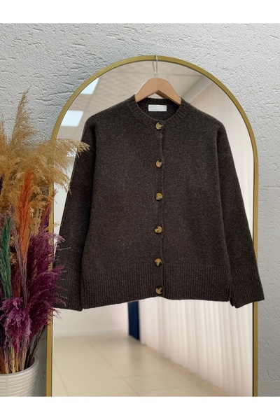 MİHRA STORE Six Elasticated 6-Button Short Knitwear Cardigan-Kr5055 Brown
