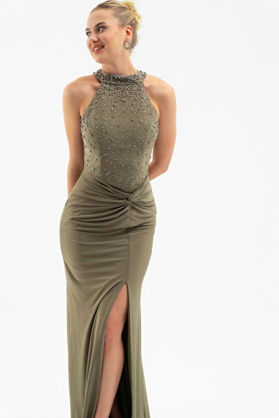 Lafaba Women's Khaki Halter Neck Rhinestone Long Evening Dress