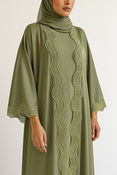 MayaCloset Premium Long Green Nidah Cap Ferace Abaya with Elegant Lace Trim