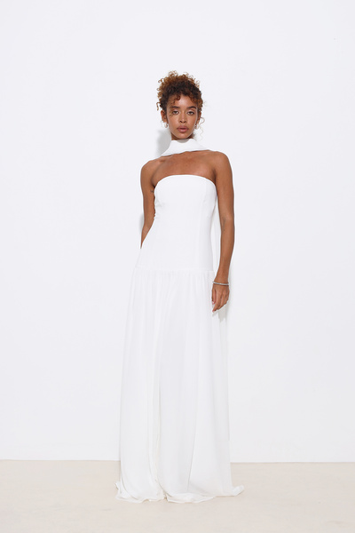 Mozto Juliette Pleated Shawl Strapless Black Evening Dress