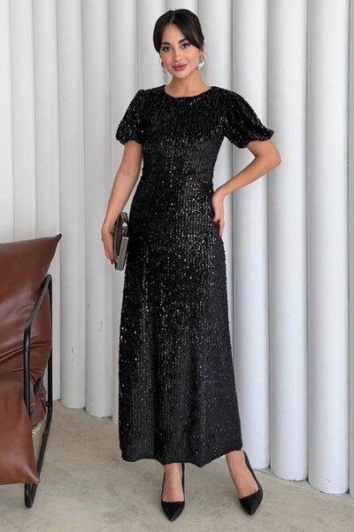 VAGGON Balloon Sleeve Stone Embroidered Drawstring Midi Dress