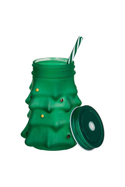Housevetta Christmas glass cup with straw and lid, green fir tree, 530 ml