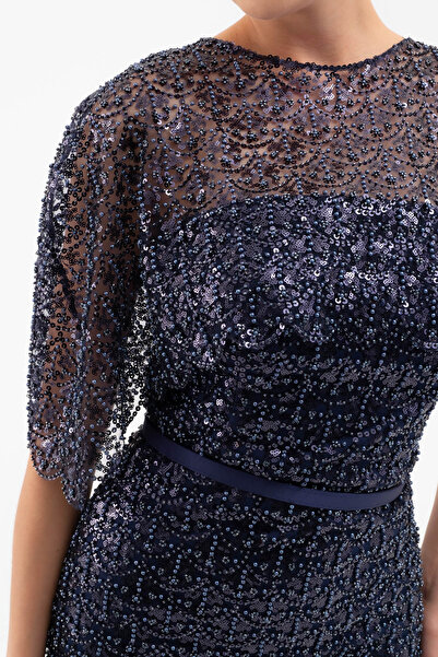 Lafaba Women's Navy Blue Bolero Detail Beaded Midi Promise Engagement Evening Dress
