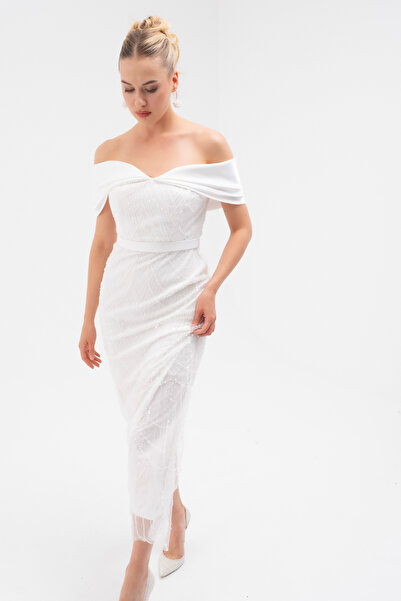 Lafaba Women's White Boat Neck Midi Beaded Evening Dress