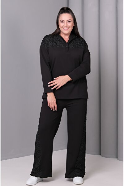 Şans Women's Plus Size Black, Filter Flower Motif, Hooded Tracksuit Set 65N39170