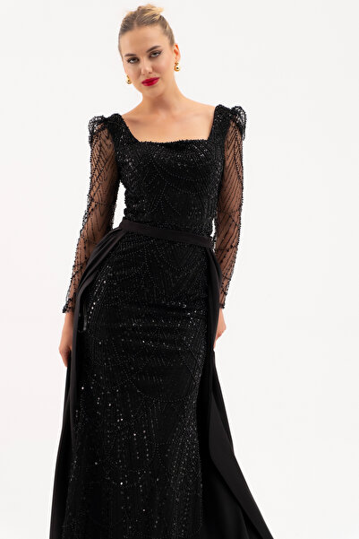 Lafaba Women's Black Long Sleeve Stone Satin Evening Dress with Tail Accessories