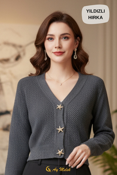 AYMELEK Women's Knitwear Cardigan Soft V-Neck Star Button Short Cardigan
