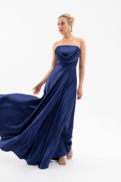 Lafaba Women's Navy Blue Degaje Collar Long Strapless Evening Dress