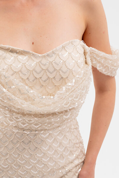 Lafaba Women's Beige Madonna Collar Beaded Long Evening Dress