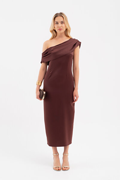 Lafaba Women's Brown Degaje Collar Satin Dress