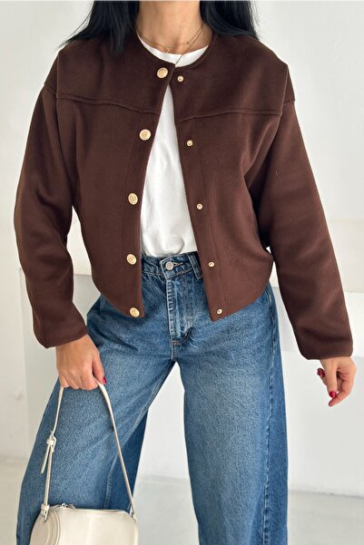 FEMELLE Women's Brown Suede Snap Button Lined Jacket with Pockets