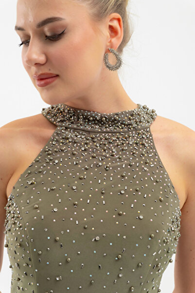 Lafaba Women's Khaki Halter Neck Rhinestone Long Evening Dress