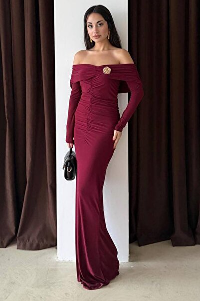 VAGGON Madonna Collar Draped Maxi Length Dress with Accessory Detail