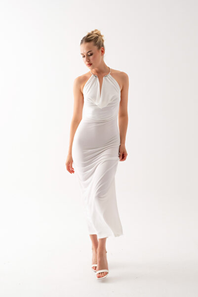 Lafaba Women's White Accessory Detail Low-Cut Long Dress