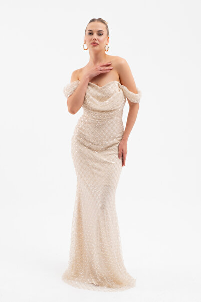 Lafaba Women's Beige Madonna Collar Beaded Long Evening Dress