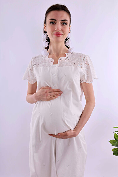 ByLohusa Effortt Ecru Scalloped Maternity and Postpartum Nightgown