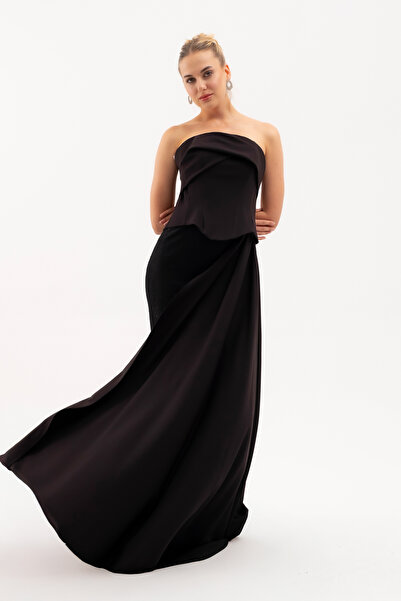 Lafaba Women's Black Strapless Neckline Lace Detail Long Evening Dress