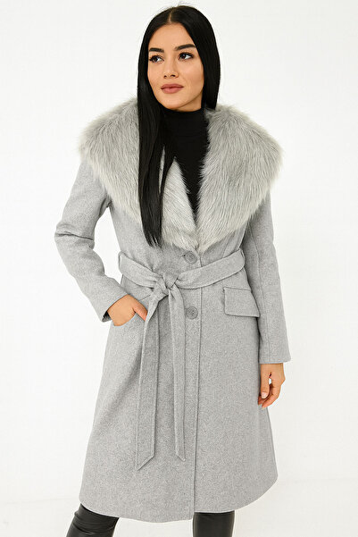 CİDDE Women's Fur Collar Belted Cashmere Coat