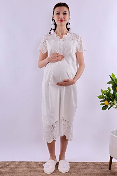 ByLohusa Effortt Ecru Scalloped Maternity and Postpartum Nightgown
