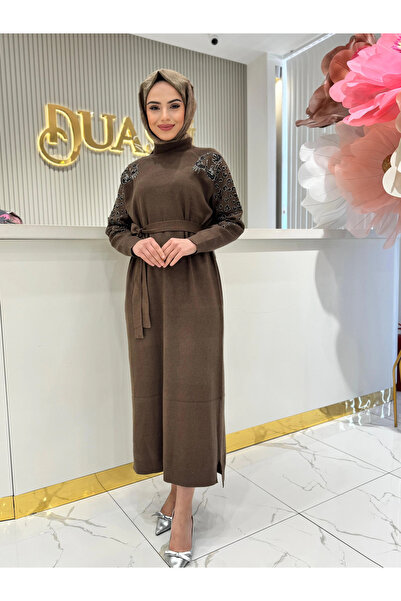 FUAT GÜRSEN Shoulder and Sleeve Embroidered F Corded Fabric Steel Mesh Belt Dress