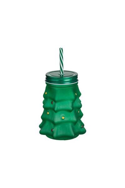 Housevetta Christmas glass cup with straw and lid, green fir tree, 530 ml
