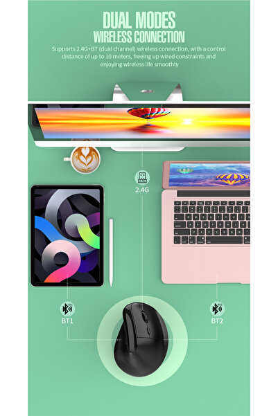 AdyMel Wireless Vertical Ergonomic Mouse - 2.4GHz + BT 5.0, 4000 DPI, 500 mAh, USB-C Fast Charge (Bl