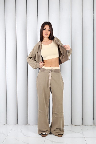 MOSRANİC Women's Light Brown Zippered Hooded Tracksuit Set |   Msc 2116