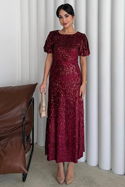 VAGGON Balloon Sleeve Stone Embroidered Drawstring Midi Dress