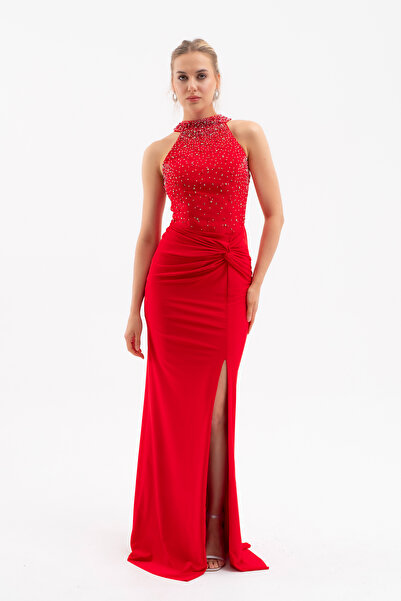 Lafaba Women's Red Halter Neck Rhinestone Long Evening Dress