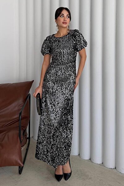 VAGGON Balloon Sleeve Stone Embroidered Drawstring Midi Dress