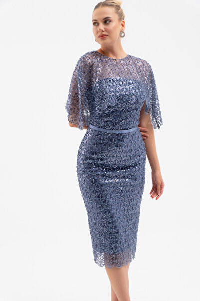 Lafaba Women's Indigo Bolero Detail Beaded Midi Promise Engagement Evening Dress