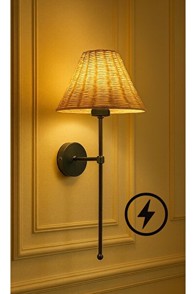 burenze Bambu Hasır Şapkalı Aplik Metal Gövde Siyah Gövde ELEKTRİK İLE ÇALIŞIR E-27 Duy