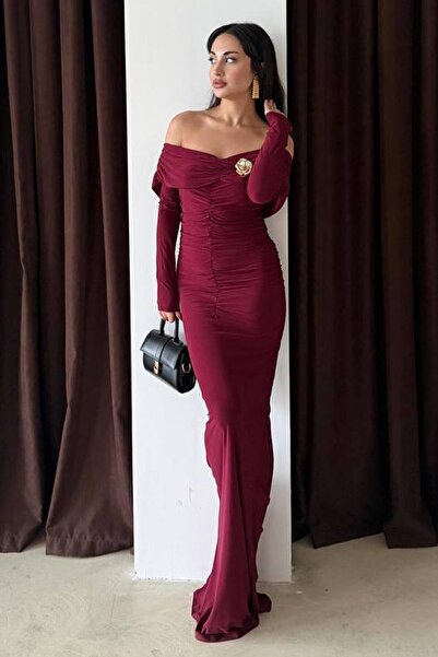 VAGGON Madonna Collar Draped Maxi Length Dress with Accessory Detail