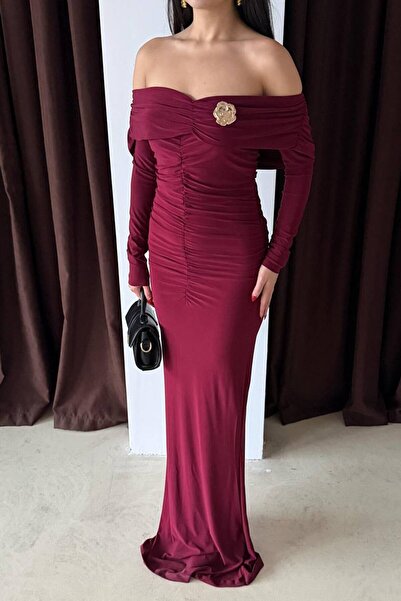 VAGGON Madonna Collar Draped Maxi Length Dress with Accessory Detail