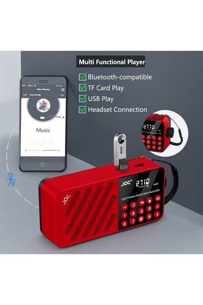 OEM JOC-6138REC-S portable radio with solar charging, Bluetooth, USB, TF card and digital display, red