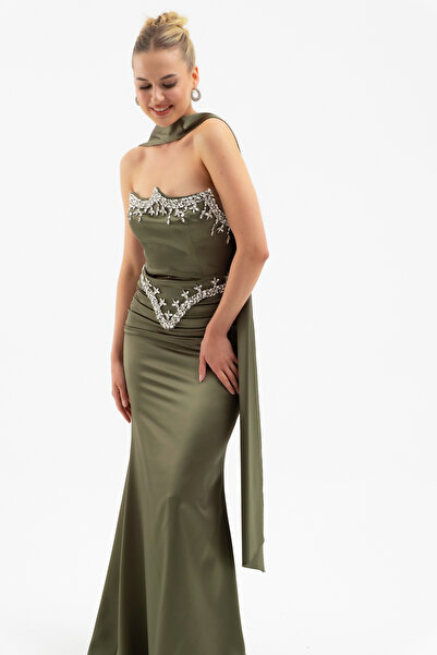 Lafaba Women's Khaki Strapless Stone Long Satin Evening Dress