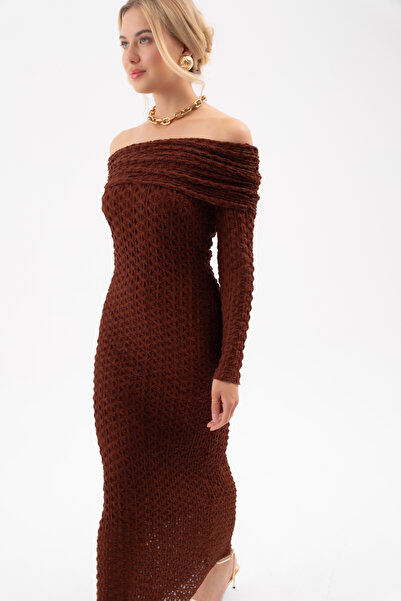 Lafaba Women's Brown Open Shoulder Long Lace Dress