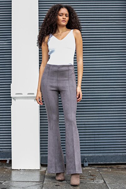 Jument Süet Likralı Kumaş Yüksek Bel Ön Arka Dikişli İsanyol Paça Tayt Pantolon(ceket 30071)-Gri