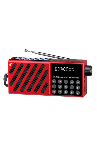 OEM JOC-6138REC-S portable radio with solar charging, Bluetooth, USB, TF card and digital display, red