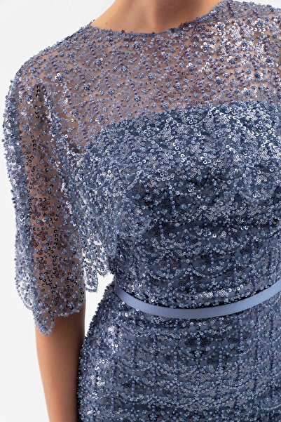 Lafaba Women's Indigo Bolero Detail Beaded Midi Promise Engagement Evening Dress