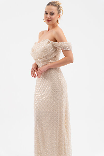 Lafaba Women's Beige Madonna Collar Beaded Long Evening Dress